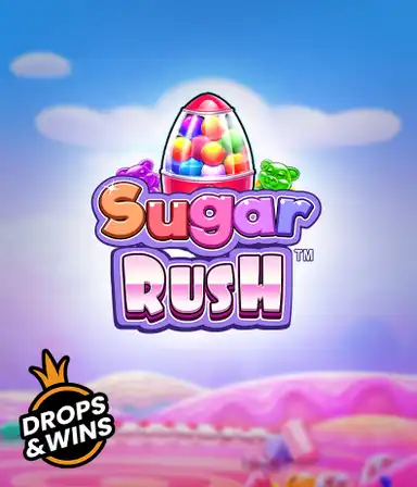 Скриншот игрового автомата Sugar Rush от Pragmatic Play, показывающее разноцветный мир конфет и сладостей. На переднем плане видны иконки в виде конфет и желейных мишек, окруженные яркой атмосферой. В центре расположен логотип игры Sugar Rush, подчеркивающий тематику слота.